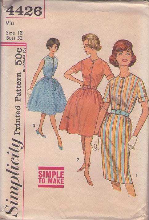 Simplicity 4426 Vintage 60's Sewing Pattern Day Dress Set, Housewife, Daytime Shirtwaist Dress, Slim Sheath or Flared Full Skirt Size 12