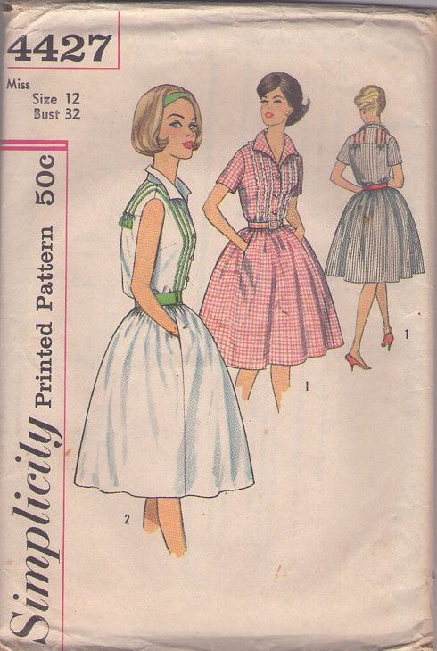 Simplicity 4427 Vintage 60's Sewing Pattern Summer Dress Set, Housewife Rockabilly Mad Men Wing Collar, Stitch & Tassel Trim Shirtwaist Dress, Flared Skirt, Hidden Front Pockets Size 12