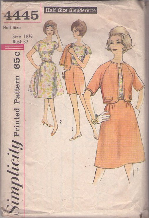 Simplicity 4445 Vintage 60's Sewing Pattern Mix & Match Half Size Slenderette Mad Men Housewife A-Line Skirt, High Waisted Jamaica Walking Shorts, Top, Raglan Sleeve Jacket Size 16.5