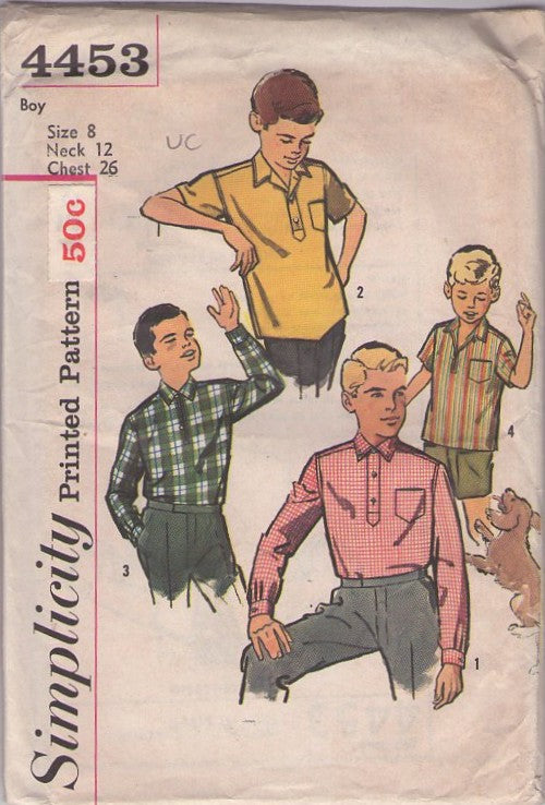 Simplicity 4453 Vintage 60's Sewing Pattern Boys' Shirts, Leave it to Beaver Modest Retro School Shirt, Pointed Hem, Dress Shirt Set Size 8