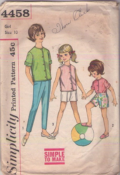Simplicity 4458 Vintage 60's Sewing Pattern Girls' Summer Separates, Blouse, Shorts, Peg Leg Pants Size 10