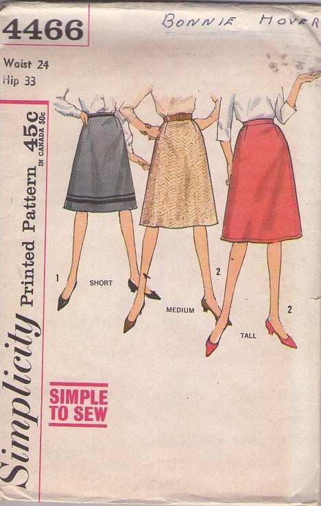 Simplicity 4466 Vintage 60's Sewing Pattern Proportioned Skirts, Simple to Sew, Secretary A-Line Skirt in Short, Medium or Tall Heights Size Waist 24 Size S