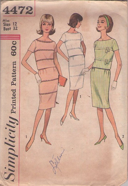 Simplicity 4472 Vintage 60's Sewing Pattern Separates, Secretary Bateau Neck Top, Slim Sheath Skirt, 2 Piece Dress Size 12