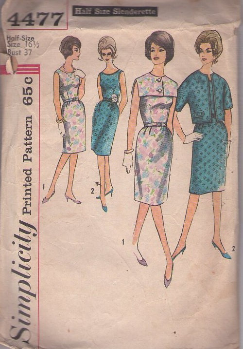 Simplicity 4477 Vintage 60's Sewing Pattern Slenderette Dress, Jackie O, Sheath Cocktail Party Dress, Detachable Button Square Collar, Clutch Coat, Jacket Size 16.5