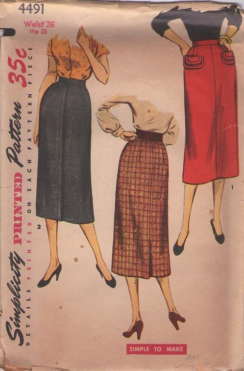 Simplicity 4491 Vintage 50's Sewing Pattern Sheath Skirts, Secretary, Modest Length Skirt Set, Flappy Pockets Waist 26 Size M