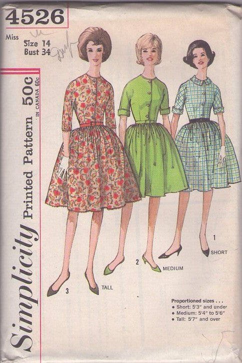 Simplicity 4526 Vintage 60's Sewing Pattern Housewife Dresses, Classic Proportioned Short, Medium Tall Kimono Sleeve Shirtwaist Day Dress, Full Pleated Skirt 3 Styles Size 14