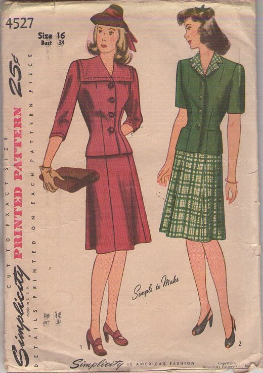 Simplicity 4527 Vintage 40's Sewing Pattern Suit Dress, Simple to Make Jacket Top Blouse, A-Line Skirt, 2 Styles Size 16