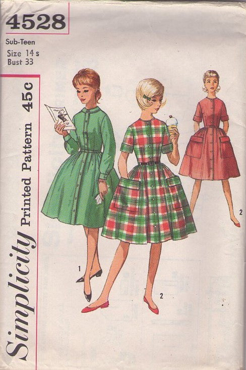 Simplicity 4528 Vintage 60's Sewing Pattern Teen Girl's Dresses, Petite Button Front Full Skirt Rockabilly Day Dress, HUGE Pockets, 2 Styles Size 14S