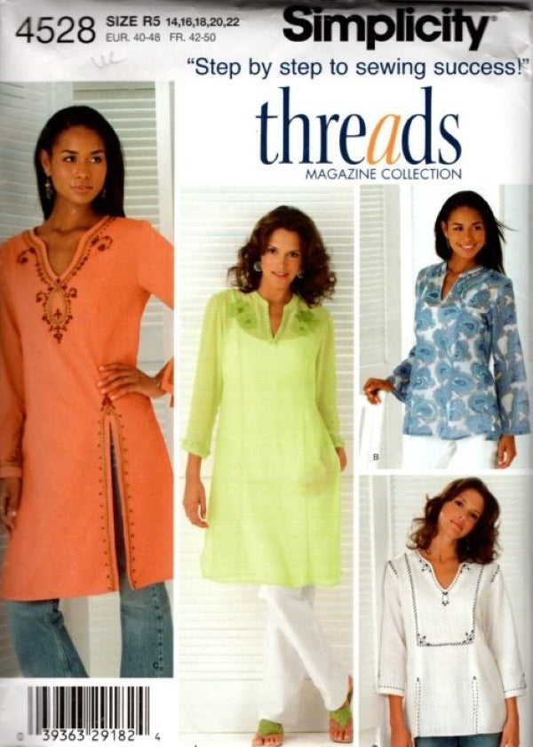 Simplicity 4528 Retro 2005 Sewing Pattern Boho Tunic Top, Long Loose Fit Blouse Set, Threads Magazine Size 14-22