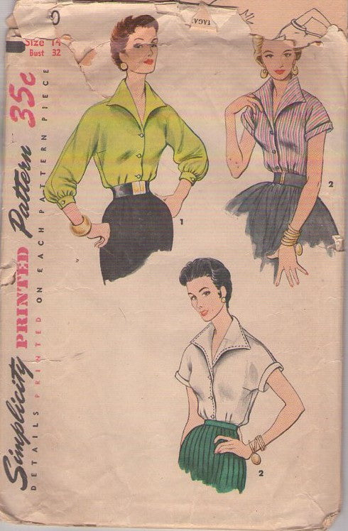 Simplicity 4530 Vintage 50's Sewing Pattern Lucy Blouse Set, Rockabilly Wing Collar, Kimono Sleeve Shirts & Tops, 2 Styles Size 14 TORN Envelope