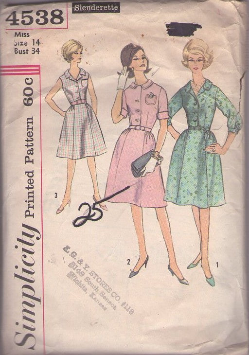 Simplicity 4538 Vintage 60's Sewing Pattern Slenderette Dresses, Classic Gored Skirt Lucy Shirtwaist Dress Set, 3 Styles Size 14 CUT