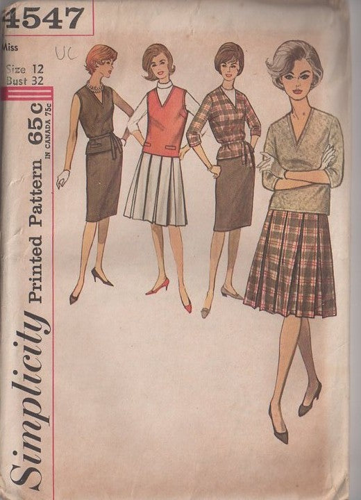 Simplicity 4547 Vintage 60's Sewing Pattern Secretary Separates, Wardrobe, Overblouse Top, Jerkin, Sheath or Kilt Pleats Skirt Size 12 UNCUT