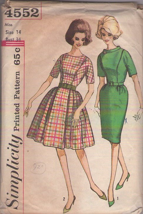 Simplicity 4552 Vintage 60's Sewing Pattern Day Dress Set, Standaway Collar, Front Panel Rockabilly Sheath or Pleated Skirt Day Dress, 2 Styles Size 16