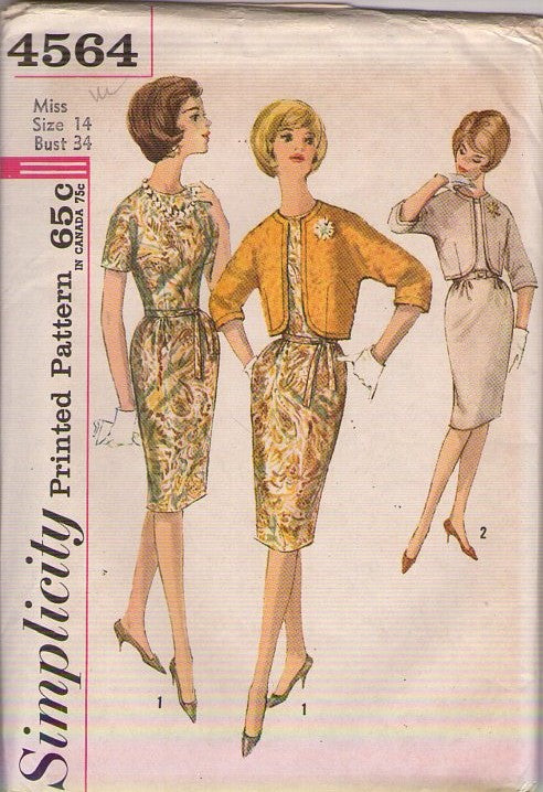 Simplicity 4564 Vintage 60's Sewing Pattern Secretary Sheath Dress, Cropped Jacket, Cover Up Ensemble Size 14