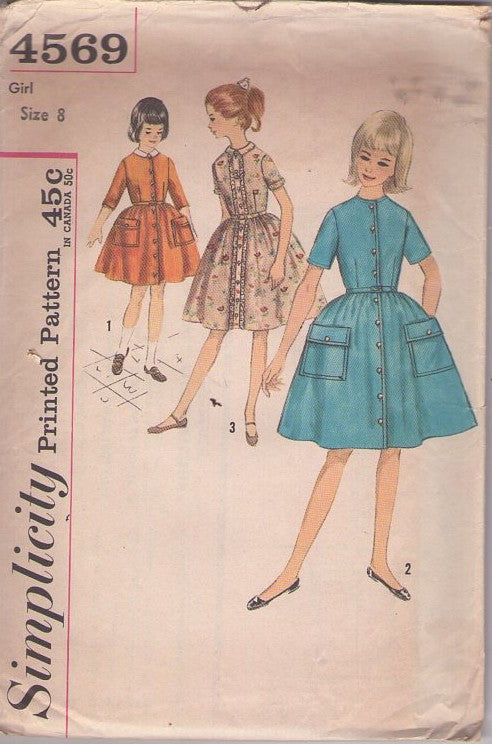 Simplicity 4569 Vintage 60's Sewing Pattern Girl's Dress Set, Front Buttoned, Full Skirt School Day or Party Dress, Ruffle Trim, Pockets, 3 Styles Size 8