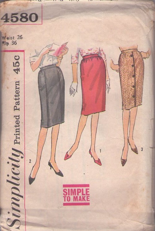 Simplicity 4580 Vintage 60's Sewing Pattern Easy Skirts, Simple to Make Mad Men Retro Secretary Skirt Set Waist 26 Size M