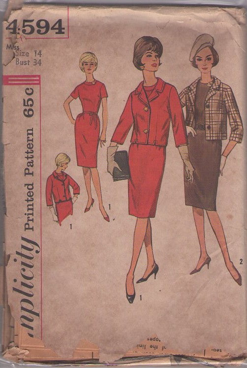 Simplicity 4594 Vintage 60's Sewing Pattern Suit Separates, Mad Men Joan, Sheath Fitted Dress & Collared Jacket Size 14