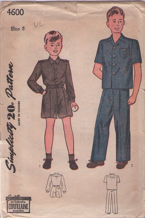 Simplicity 4600 Vintage 40's Sewing Pattern Boys' Shirt, Trousers, Tailored School Uniform, Casual or Dress Shirt, High Waisted Fly Front Shorts, Pants Size 8