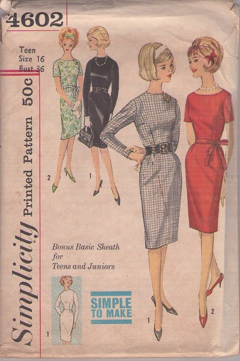 Simplicity 4602 Vintage 60's Sewing Pattern Sheath Dresses, Rockabilly Secretary Slim Day or Night Dress, 2 Styles Size 16
