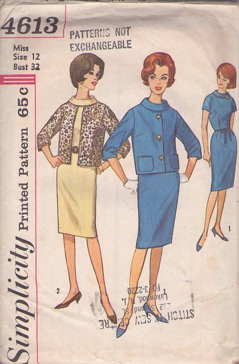 Simplicity 4613 Vintage 60's Sewing Pattern Sheath Dress Set, Roll Collar, Secretary Suit Jacket, Cardigan Size 12
