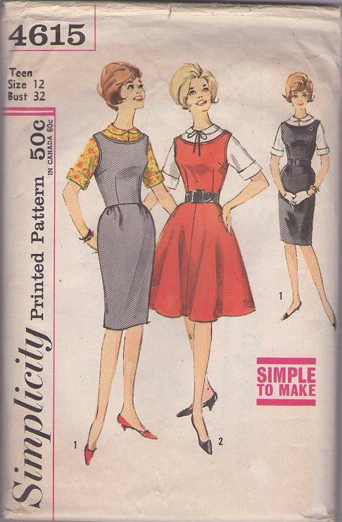 Simplicity 4615 Vintage 60's Sewing Pattern Secretary Separates, Simple to Make, Scoop Neck Slim or Gored Skirt Jumper, Dress, Collared Blouse Size 12