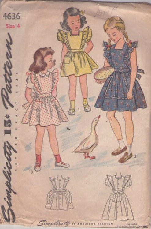 Simplicity 4636 Vintage 40's Sewing Pattern Girl's Dress Set, Cottagecore, Farmcore, Back Buttoned, Frilly Trim Pinafore Apron or Puff Sleeve Dress 3 Styles Size 4