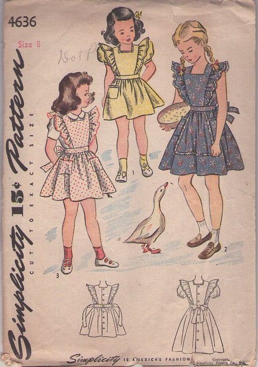 Simplicity 4636 Vintage 40's Sewing Pattern Girl's Dress Set, Cottagecore, Farmcore, Back Buttoned, Frilly Trim Pinafore Apron or Puff Sleeve Dress 3 Styles Size 8