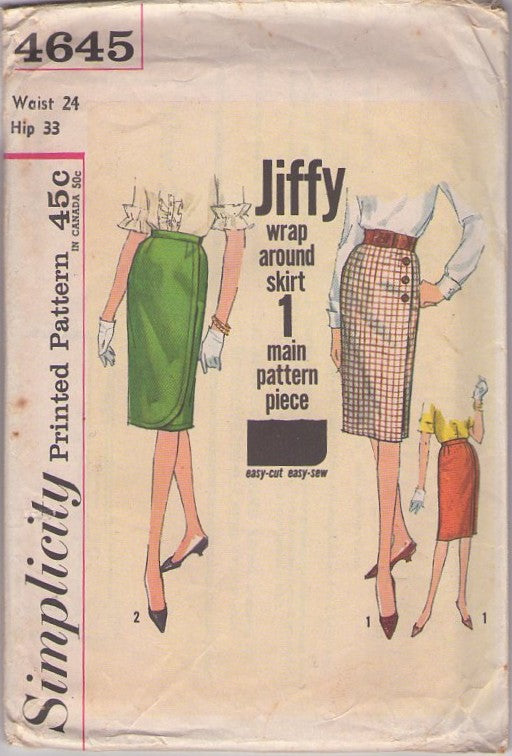Simplicity 4645 Vintage 60's Sewing Pattern Wrap Skirts, Mad Men Rockabilly Era JIFFY Wrap Around Sheath Skirt, Shaped or Squared Hem Waist 25 Size M
