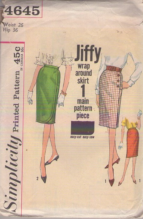 Simplicity 4645 Vintage 60's Sewing Pattern Wrap Skirts, Mad Men Rockabilly Era JIFFY Wrap Around Sheath Skirt, Shaped or Squared Hem Waist 26 Size M