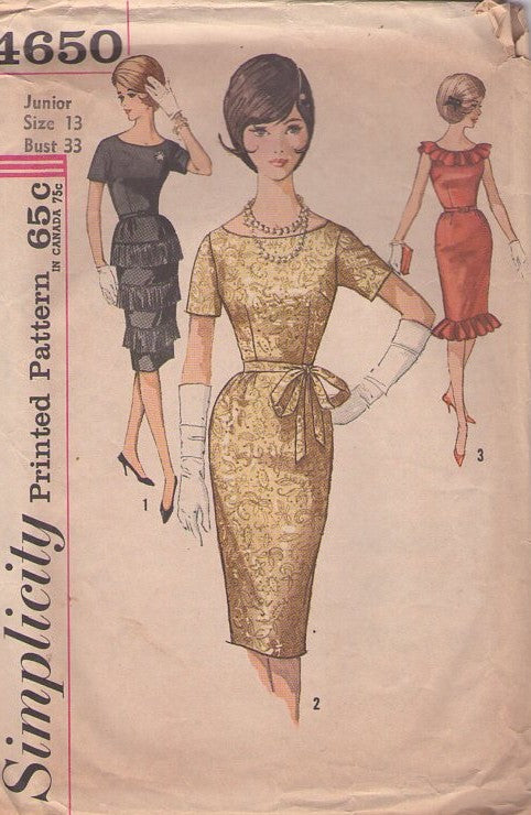 Simplicity 4650 Vintage 60's Sewing Pattern Rockabilly Dress, CURVE Hugging Cocktail Party Sheath Dress, Ruffles or ROWS OF FRINGE Trim! Size 13
