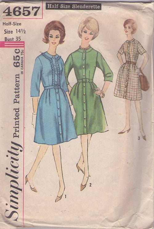Simplicity 4657 Vintage 60's Sewing Pattern Day Dress, Slenderette, Front Buttoned Coat Dress, Prissy Lace Ruffle Trim Size 14.5