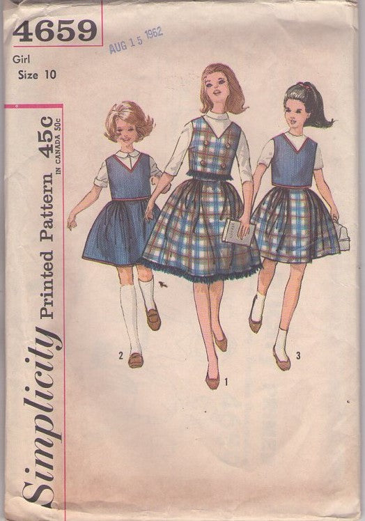 Simplicity 4659 Vintage 60's Sewing Pattern Girl's 2 Piece Dress, Fringe Trim V Neck Weskit Vest Top, Full Gathered Skirt Size 10