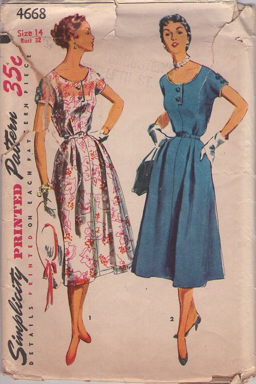 Simplicity 4668 Vintage 50's Sewing Pattern New Look Dress, Lucy Style Scooped Button Neck Pleated Flared Skirt Day Dress, 2 Styles Size 14
