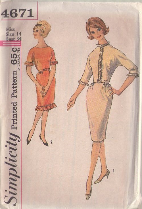 Simplicity 4671 Vintage 60's Sewing Pattern Wiggle Dress, Rockabilly Vixen, Kimono Sleeve Ruffle Flounced Hem Wiggle Dress Size 14