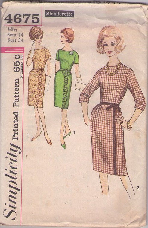 Simplicity 4675 Vintage 60's Sewing Pattern Rockabilly Day Dress, Slenderette, Skirt Ruffle or Band Detail Size 14