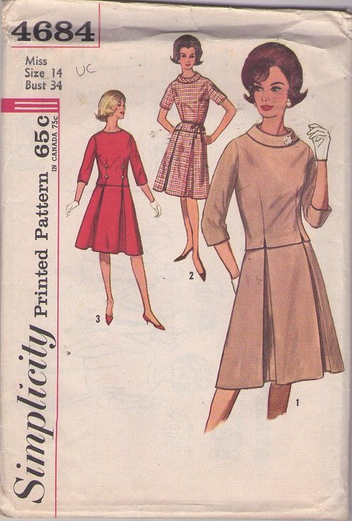 Simplicity 4684 Vintage 60's Sewing Pattern 2 Piece Dress, Separates, Retro Secretary Styles, Overblouse Top, Blouse & Inverted Pleats Skirt Size 14