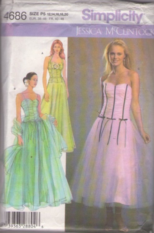 Simplicity 4686 Retro 2004 Sewing Pattern Formal Dress, Designer Jessica McClintock Strapless or Halter Gown, Prom Gown, Wedding or Party 3 Styles Size 12-20