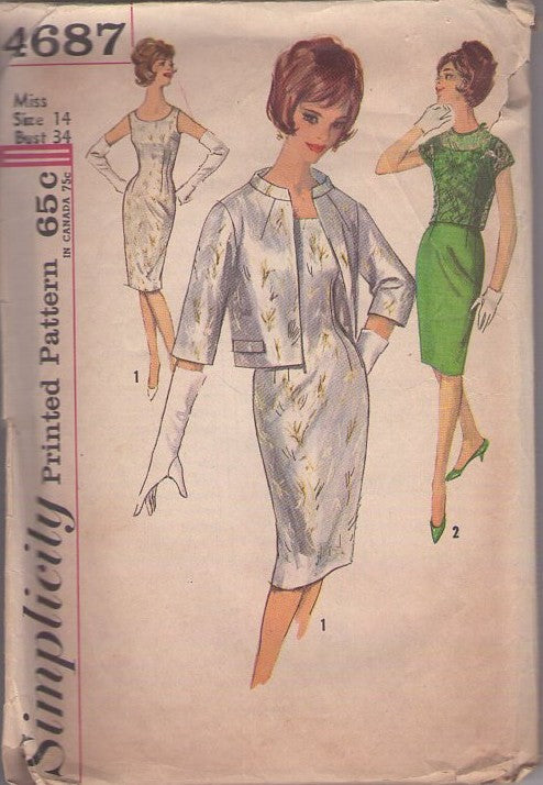 Simplicity 4687 Vintage 60's Sewing Pattern Rockabilly Dress, Jacket, Overblouse, Bombshell Pinup Girl Styles, Fitted Sheath Cocktail Party Dress, Stand Up Collar Jacket, Lace Overblouse Size 14