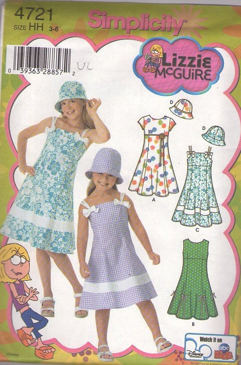 Simplicity 4721 Retro 2004 Sewing Pattern Girl's Summer Dress, Disney Channel Lizzie McGuire, Bucket Hat 3 Styles Size 3-6