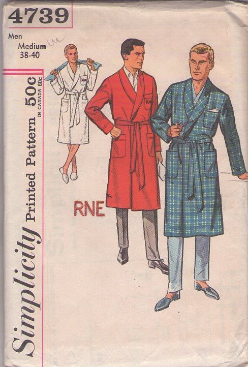 Simplicity 4739 Vintage 60's Sewing Pattern Men's Robes, Shawl Collar Spa Robe, Bathrobe, Lounge Styles & Monogram Transfer Size M