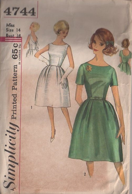 Simplicity 4744 Vintage 60's Sewing Pattern Party Dress Set, Scoop Back Bell Shaped Pleated Skirt Cocktail Party Dress, Evening Size 14