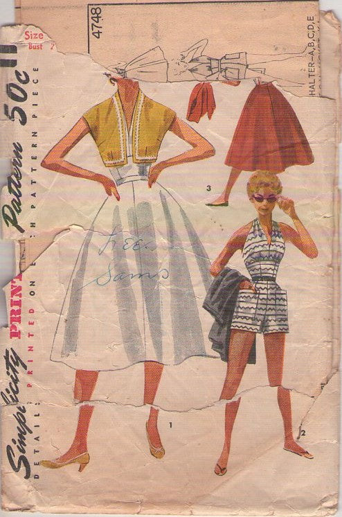 Simplicity 4748 Vintage 50's Sewing Pattern Pinup Halter Top, 2 Piece Playsuit, Rockabilly Shorts, Flared Skirt, Bolero Vest Jacket Size 11