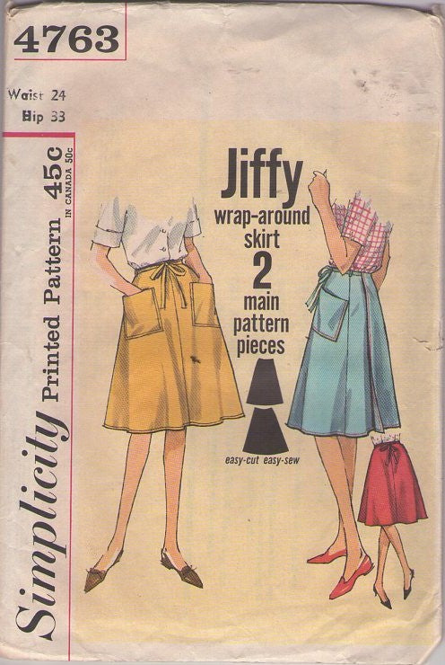 Simplicity 4763 Vintage 60's Sewing Pattern Jiffy Skirts, Wrap Around,  Easy To Sew Flared Skirt Waist 24 Size XS