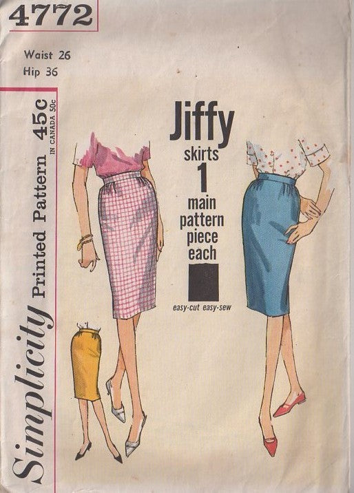 Simplicity 4772 Vintage 60's Sewing Pattern Easy Skirts, One 1 Piece Jiffy Sheath Skirt Waist 26 Size M