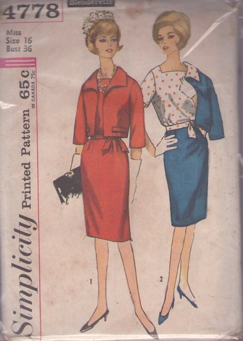 Simplicity 4778 Vintage 60's Sewing Pattern Office Separates, Square Neck Blouse, Slim Pencil Skirt, Cropped Flat Collar Suit Jacket Size 16