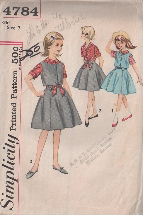 Simplicity 4784 Vintage 60's Sewing Pattern Girl's Separates, School Clothes Separates, Calico Western Blouse, Vest, Full Gored Skirt with Button Tab Carriers Size 7