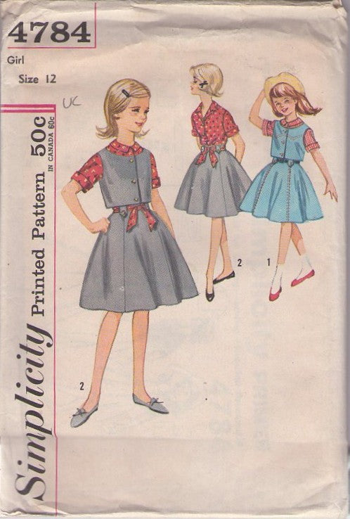 Simplicity 4784 Vintage 60's Sewing Pattern Girl's Separates, Modest School Clothes Separates, Calico Western Blouse, Vest, Full Gored Skirt with Button Tab Carriers Size 12