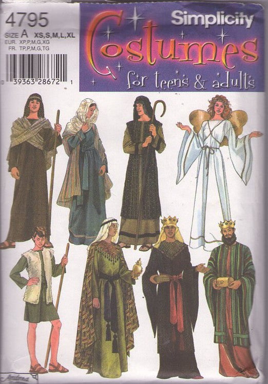Simplicity 4795 Retro 2004 Sewing Pattern Church Costumes, Biblical Christmas Bible Story Costumes, Angel, Wise Men, King, Shepherd Tunic, Dress, Vest, Drape, Coat, Wings Size ADULT XS-M