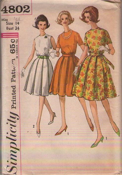 Simplicity 4802 Vintage 60's Sewing Pattern Rockabilly Dress Set, Box Pleated Proportioned Cocktail Party Dress 2 Styles Size 14 UNCUT