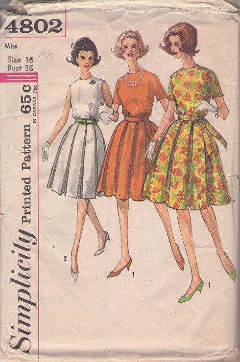 Simplicity 4802 Vintage 60's Sewing Pattern Rockabilly Dress Set, Box Pleated Proportioned Cocktail Party Dress 2 Styles Size 16 CUT